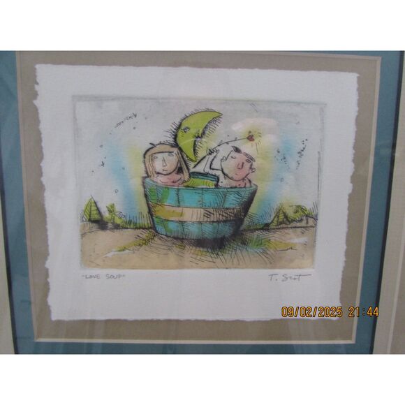 Framed art by T Scot love soup girl boy moon signed hand painted original - Picture 2 of 7